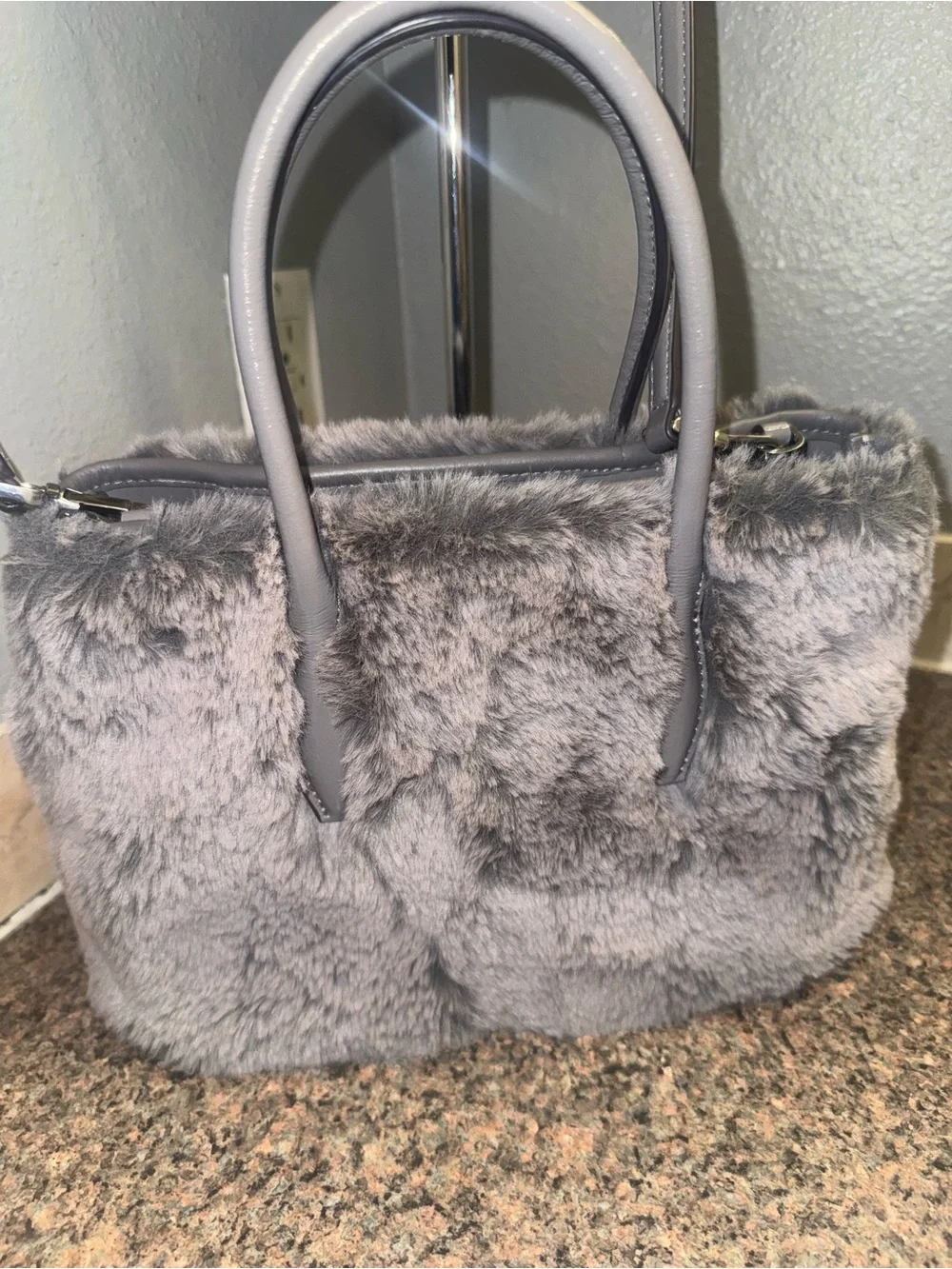 kate spade super rare Gray Faux Fur Satchel with crossbody strap (hard to find)